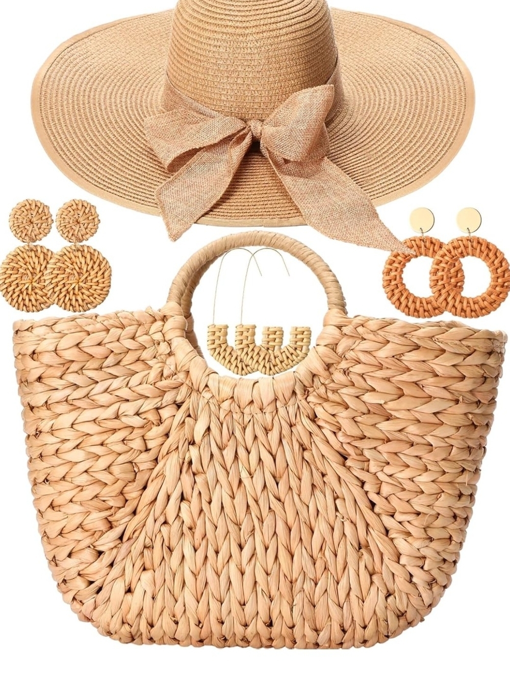Woven Straw Tote Bag & Wide-Brim Sun Hat Set in Natural Tan